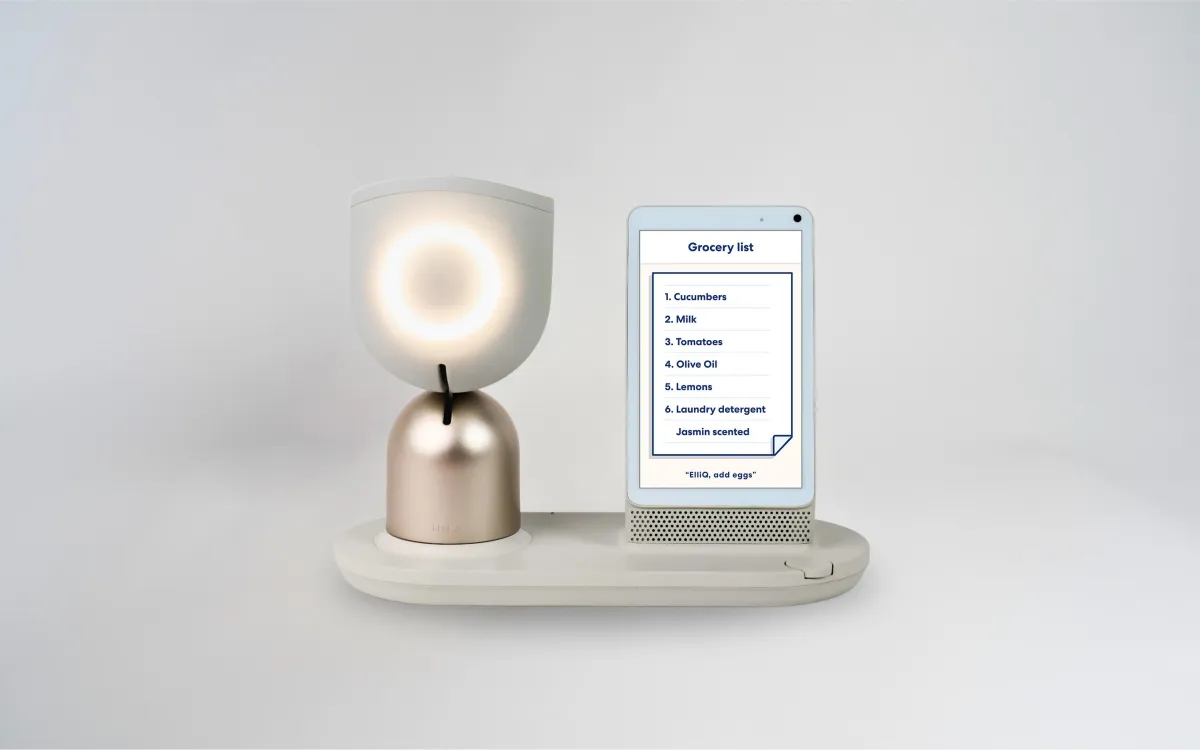 ElliQ companion device showing a grocery list